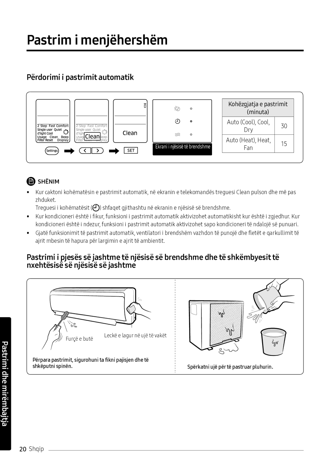 Samsung AR12NXFPEWQNEU manual Pastrim i menjëhershëm, Kohëzgjatja e pastrimit Minuta 