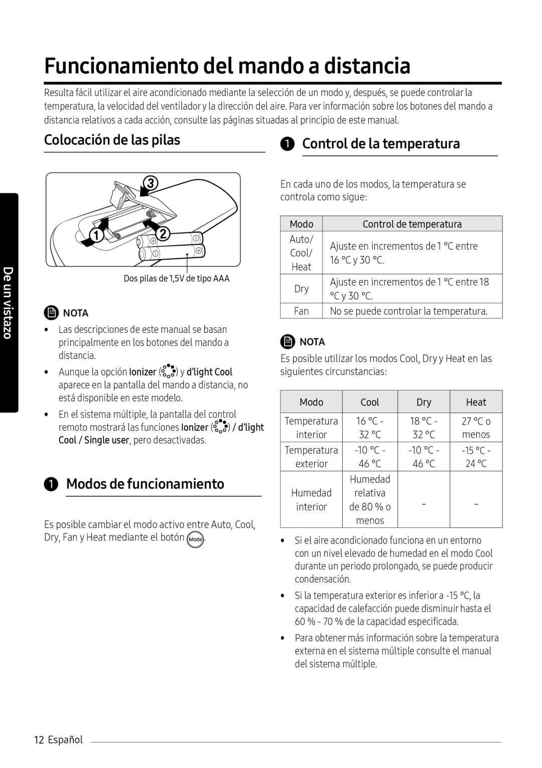 Samsung AR12NXWSAURNEU manual Funcionamiento del mando a distancia, Colocación de las pilas Control de la temperatura 