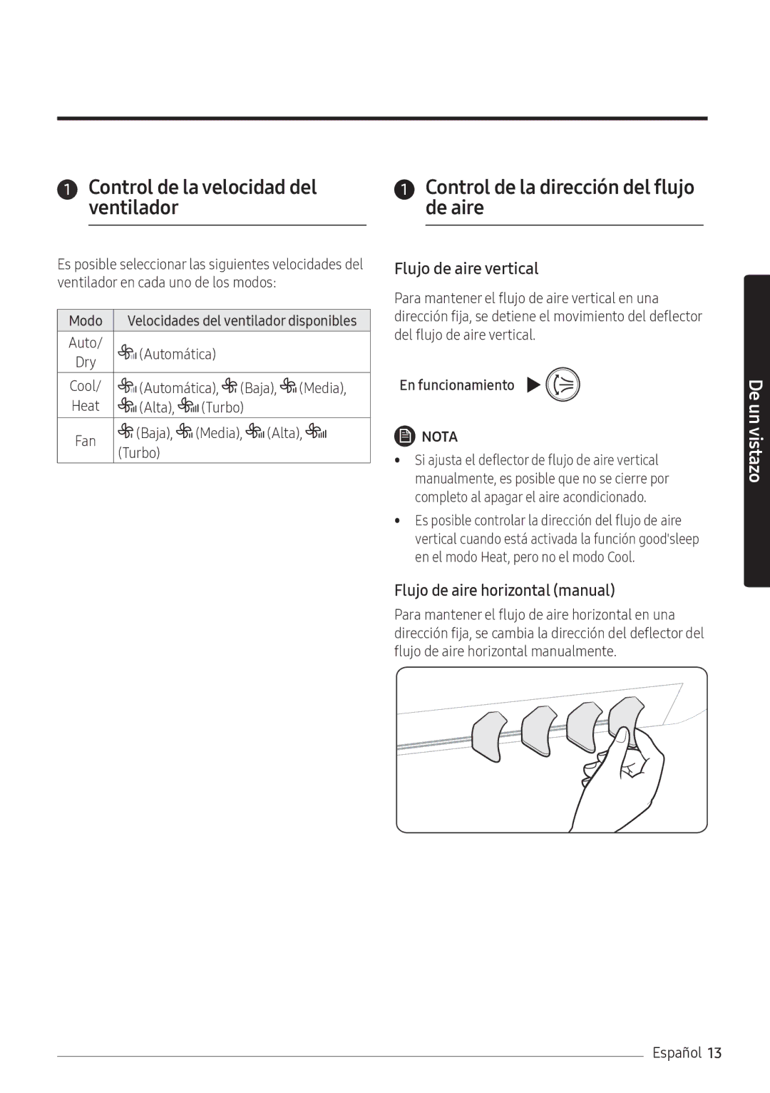 Samsung AR09NXWSAURNEU, AR12NXWSAURNEU Control de la velocidad del ventilador, Control de la dirección del flujo de aire 