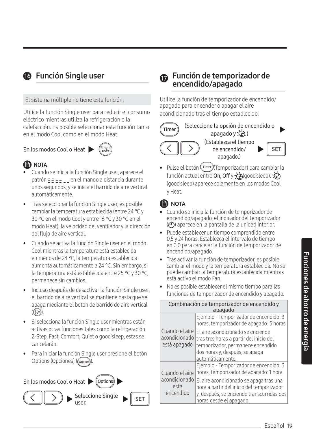 Samsung AR09NXWSAURNEU, AR12NXWSAURNEU, AR07NXWSAURNEU Función Single user, Función de temporizador de encendido/apagado 