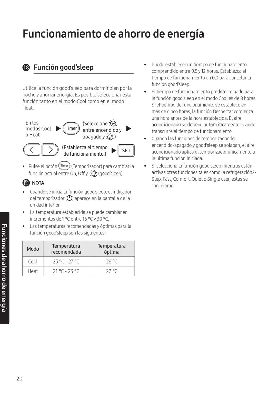 Samsung AR07NXWSAURNEU, AR12NXWSAURNEU manual Función good’sleep, En los, Modos Cool Entre encendido y Heat Apagado y 