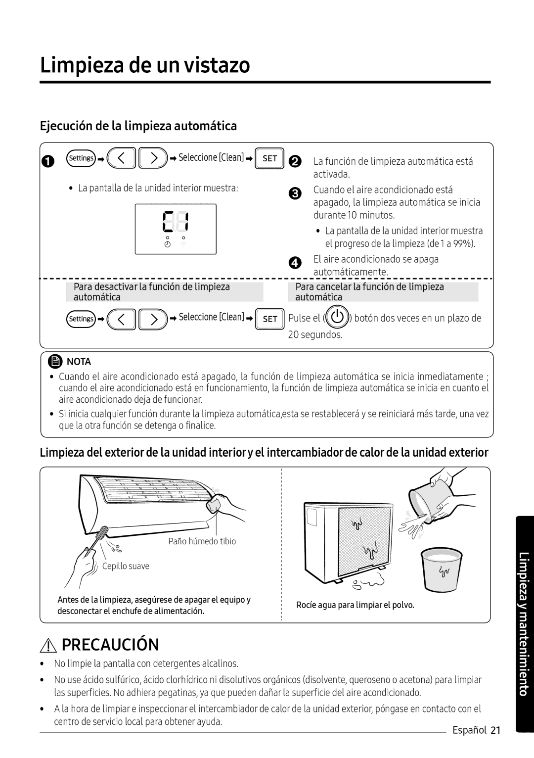 Samsung AR12NXWSAURNEU manual Limpieza de un vistazo, La función de limpieza automática está activada, Durante 10 minutos 