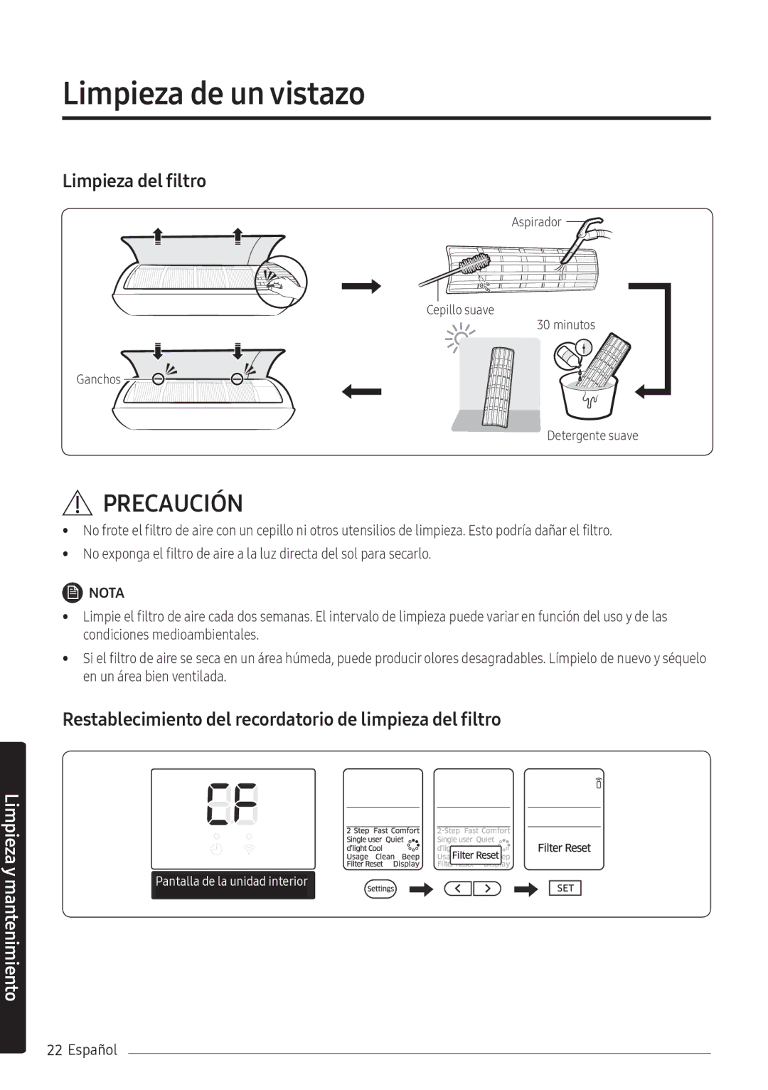 Samsung AR09NXWSAURNEU, AR12NXWSAURNEU, AR07NXWSAURNEU manual Limpieza del filtro 