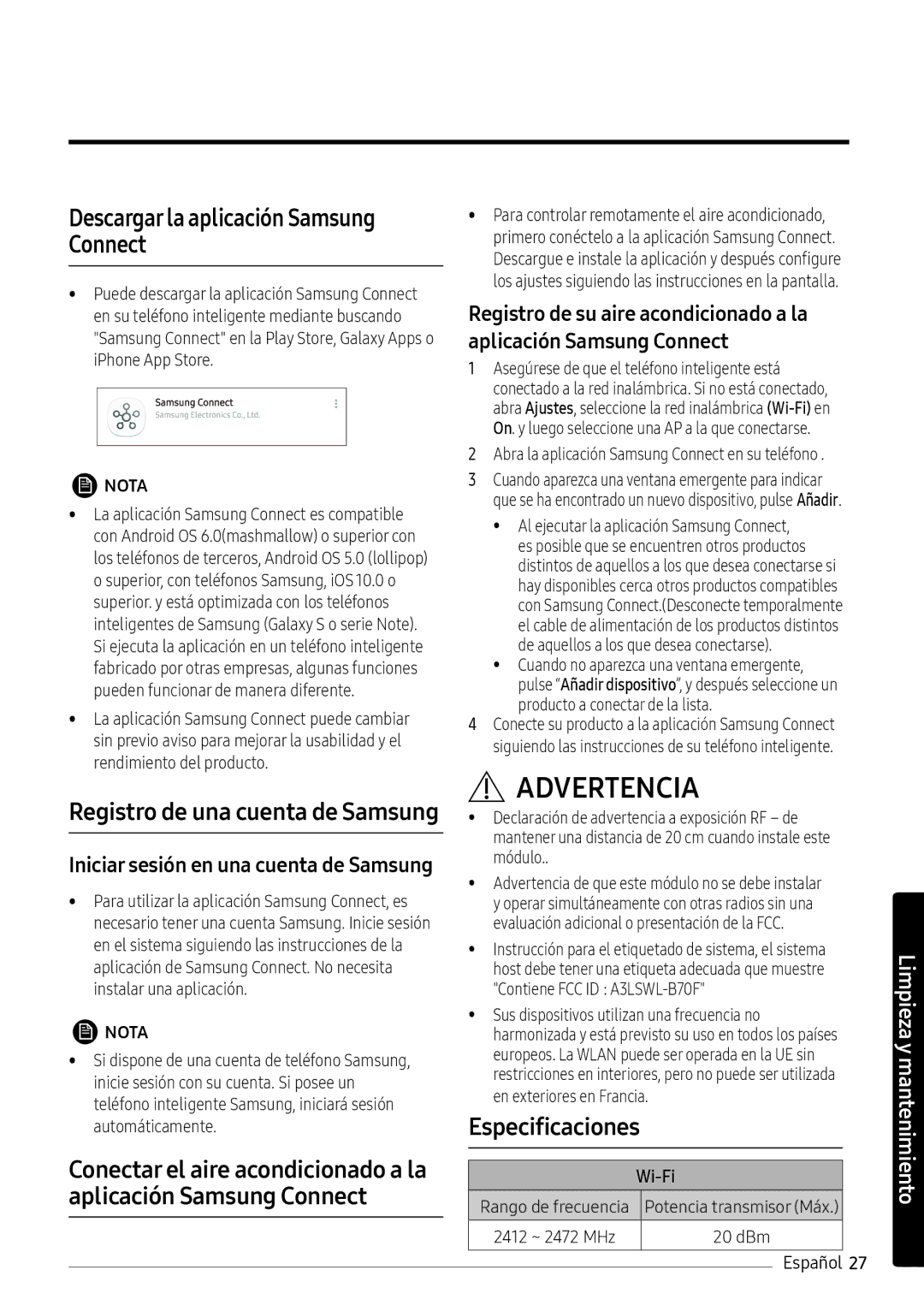 Samsung AR12NXWSAURNEU manual Descargar la aplicación Samsung Connect, Especificaciones, Contiene FCC ID A3LSWL-B70F 