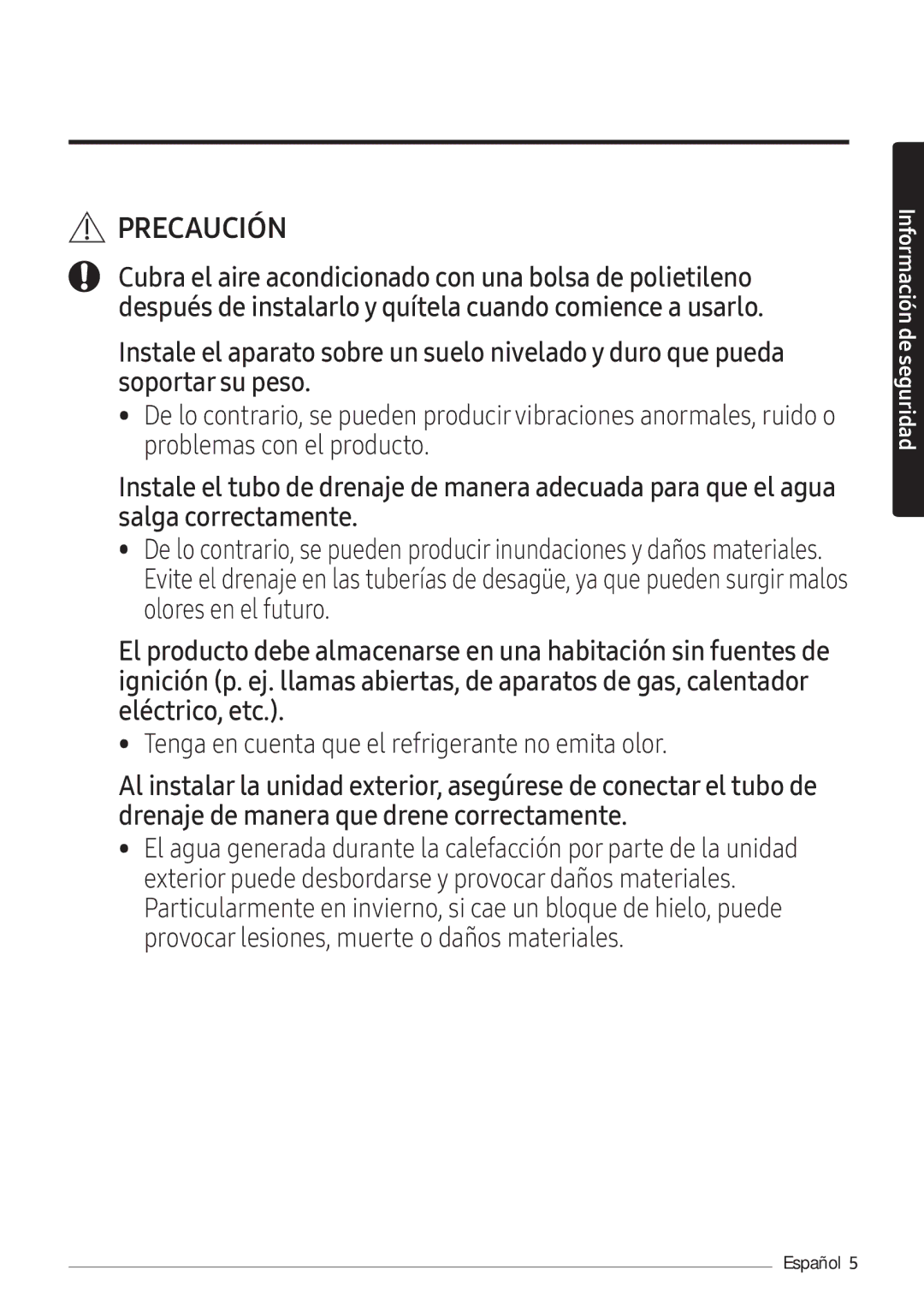 Samsung AR07NXWSAURNEU, AR12NXWSAURNEU, AR09NXWSAURNEU manual Tenga en cuenta que el refrigerante no emita olor 