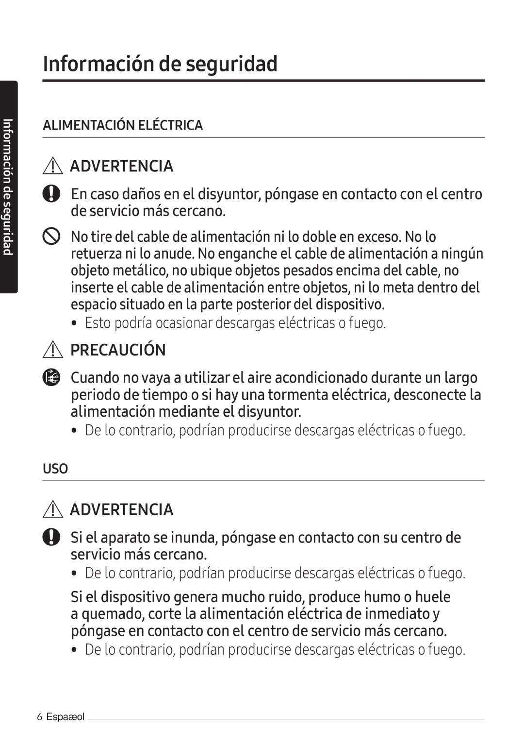 Samsung AR12NXWSAURNEU, AR09NXWSAURNEU, AR07NXWSAURNEU manual Alimentación Eléctrica 