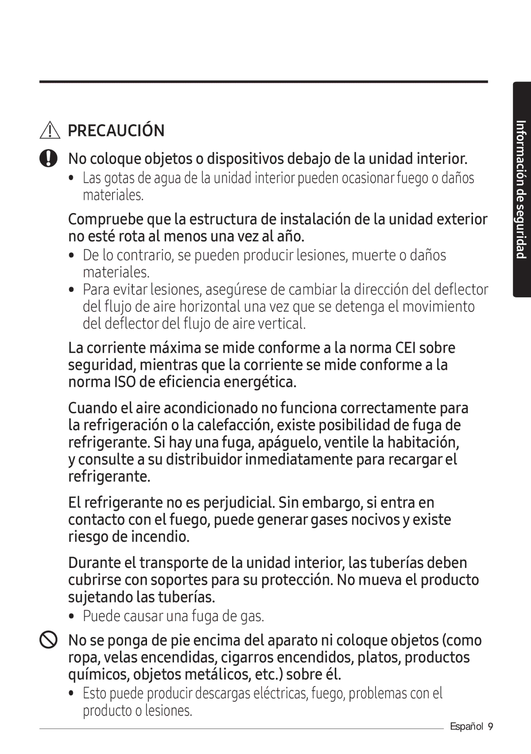 Samsung AR12NXWSAURNEU, AR09NXWSAURNEU, AR07NXWSAURNEU manual Puede causar una fuga de gas 