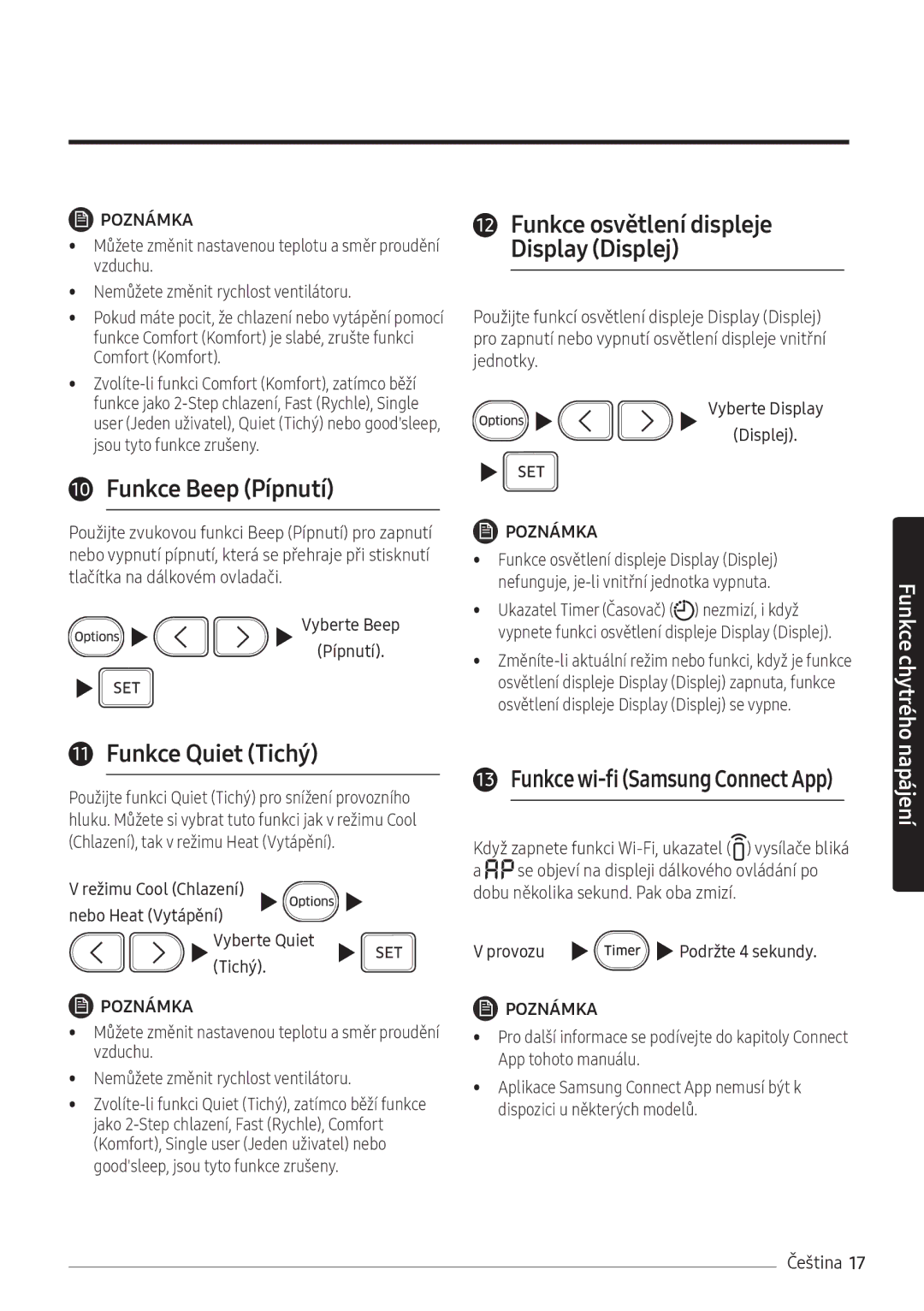 Samsung AR07NXWSAURNEU manual Funkce Beep Pípnutí, Funkce Quiet Tichý, Nebo Heat Vytápění Vyberte Quiet Tichý, Provozu 