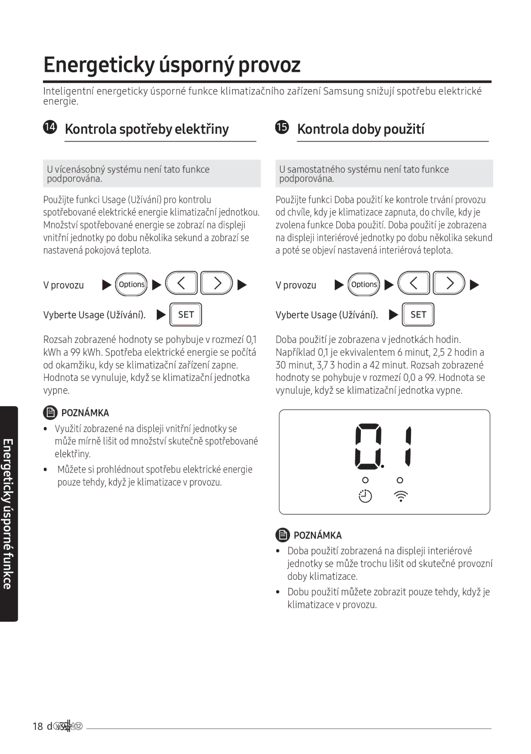 Samsung AR12NXWSAURNEU manual Energeticky úsporný provoz, Hodnota se vynuluje, když se klimatizační jednotka vypne 