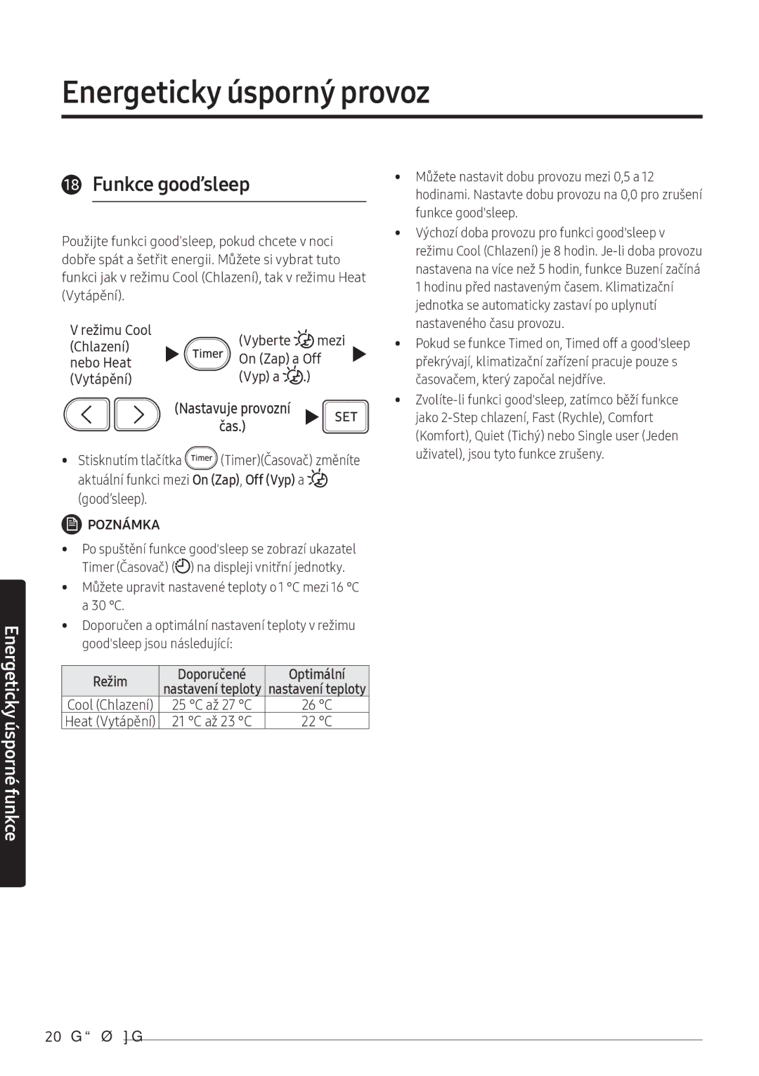 Samsung AR07NXWSAURNEU, AR12NXWSAURNEU, AR09NXWSAURNEU manual Funkce good’sleep, 20 Čeština 