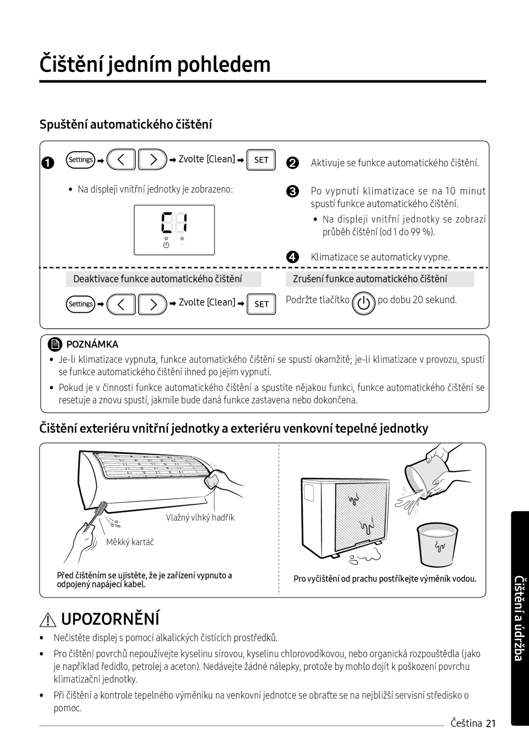 Samsung AR12NXWSAURNEU, AR09NXWSAURNEU manual Čištění jedním pohledem,  Zvolte Clean, Zvolte Clean Podržte tlačítko 