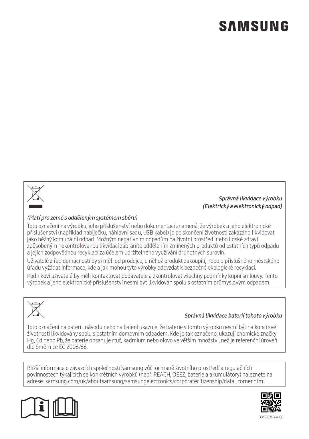 Samsung AR12NXWSAURNEU, AR09NXWSAURNEU, AR07NXWSAURNEU manual Správná likvidace baterií tohoto výrobku 