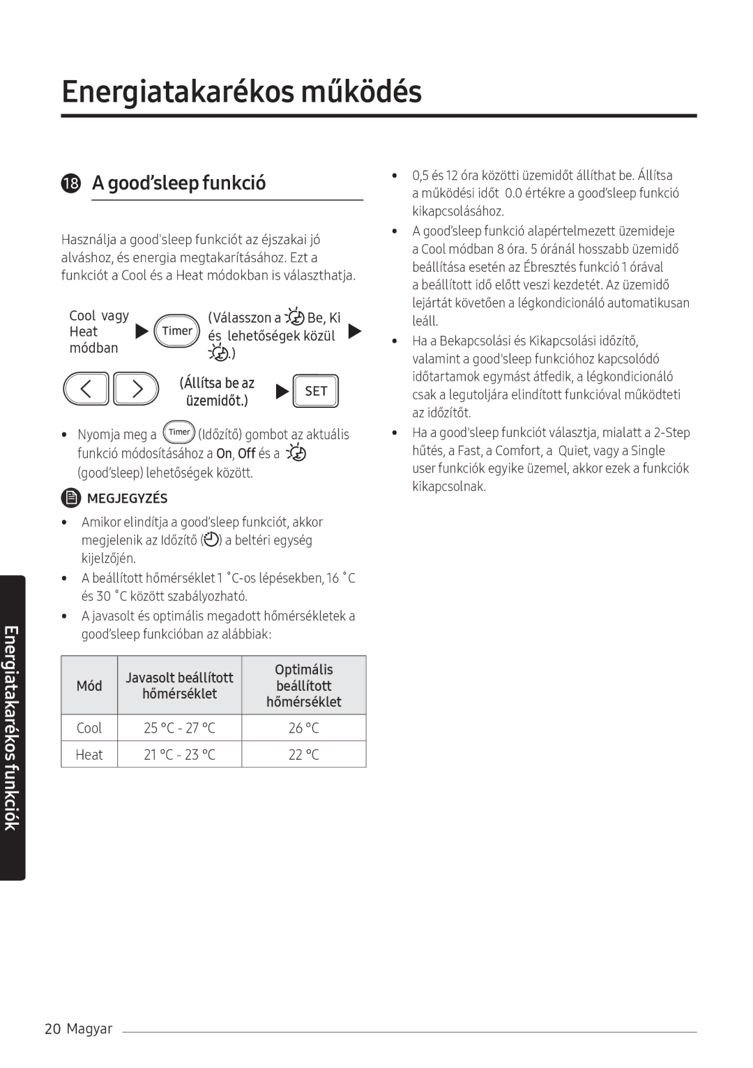 Samsung AR07NXWSAURNEU, AR12NXWSAURNEU manual Good’sleep funkció, Válasszon a Be, Ki Heat És lehetőségek közül Módban, Cool 