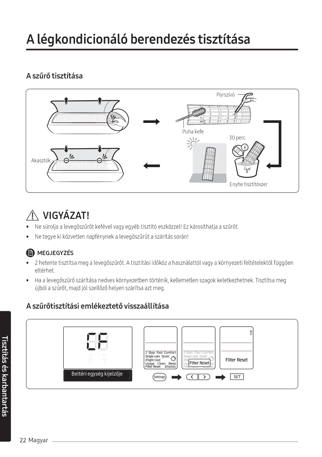 Samsung AR09NXWSAURNEU, AR12NXWSAURNEU, AR07NXWSAURNEU manual Tisztítás és karbantartás 