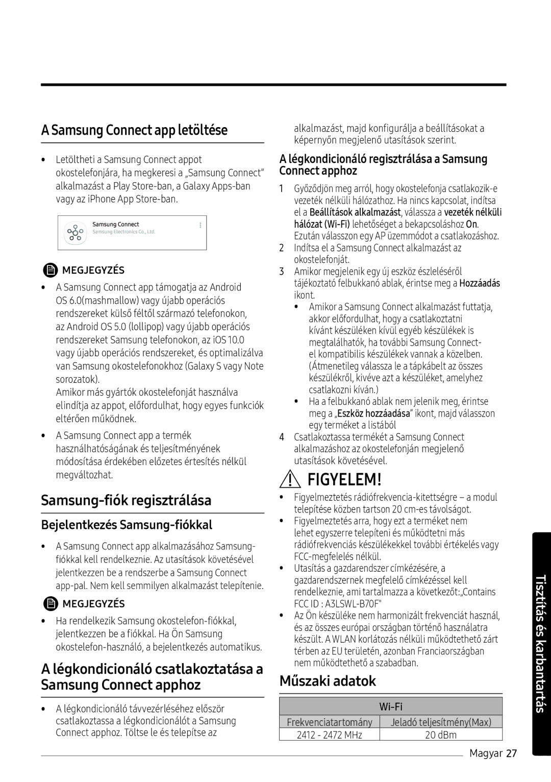 Samsung AR12NXWSAURNEU, AR09NXWSAURNEU manual Samsung Connect app letöltése, Samsung-fiók regisztrálása, Műszaki adatok 