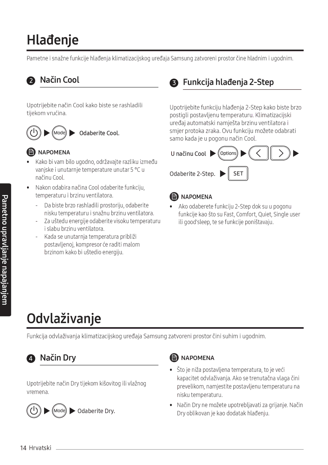 Samsung AR12NXWSAURNEU manual Hlađenje, Odvlaživanje, Način Cool Funkcija hlađenja 2-Step, Način Dry, Odaberite 2-Step 