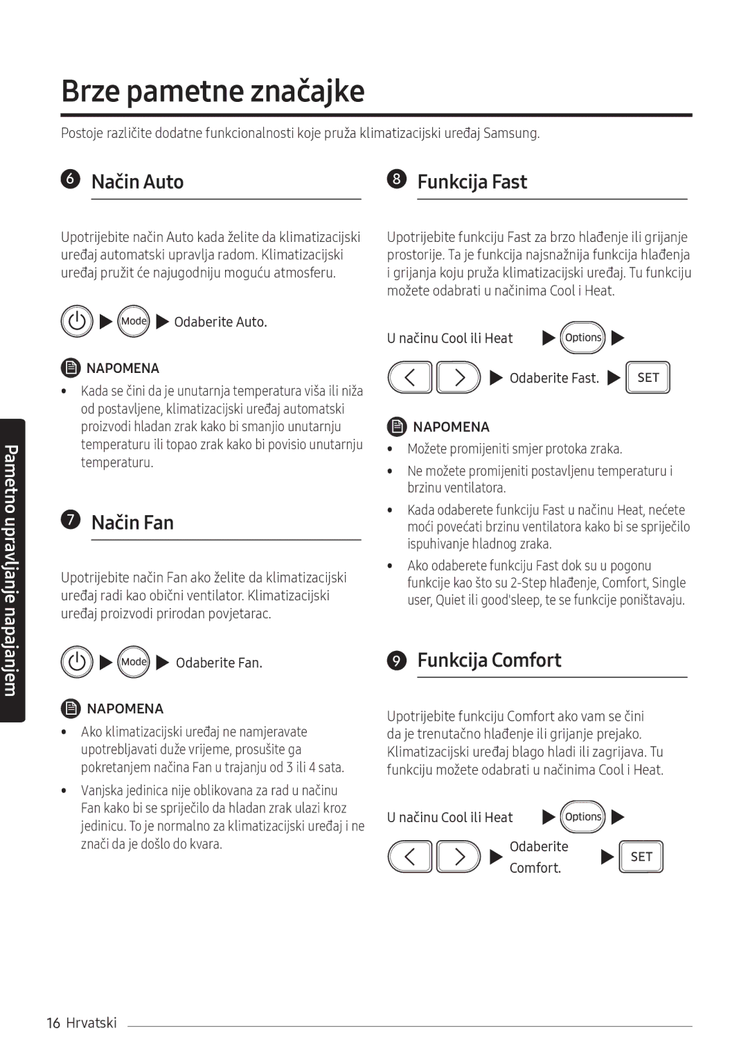 Samsung AR12NXWSAURNEU, AR09NXWSAURNEU manual Brze pametne značajke, Način Fan, Funkcija Comfort 