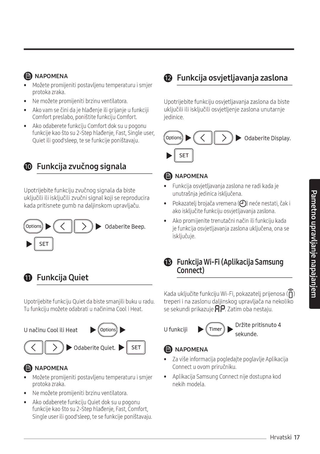 Samsung AR09NXWSAURNEU, AR12NXWSAURNEU manual Funkcija zvučnog signala, Funkcija Quiet, Funkcija osvjetljavanja zaslona 