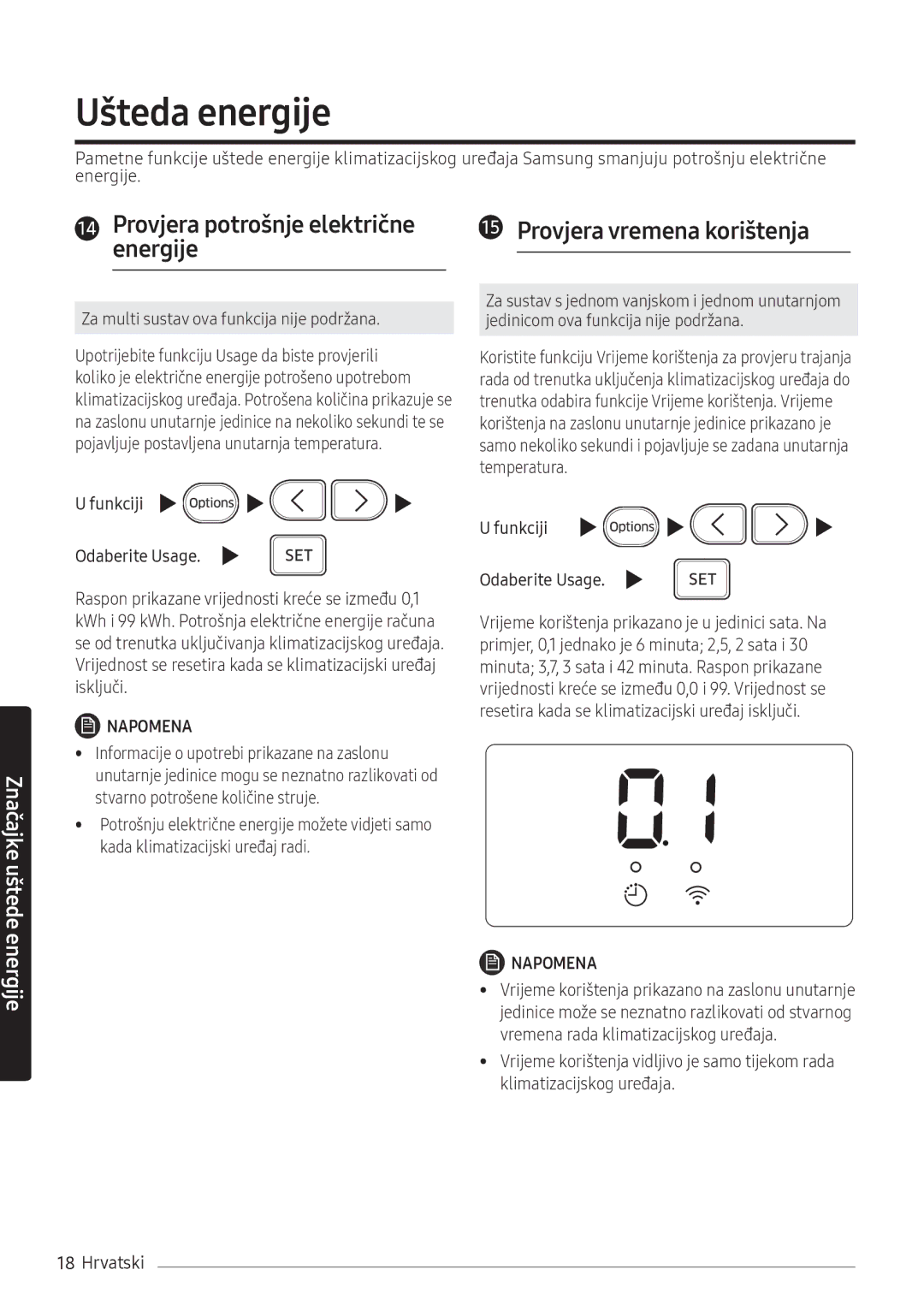 Samsung AR12NXWSAURNEU manual Ušteda energije, Provjera potrošnje električne energije, Provjera vremena korištenja 