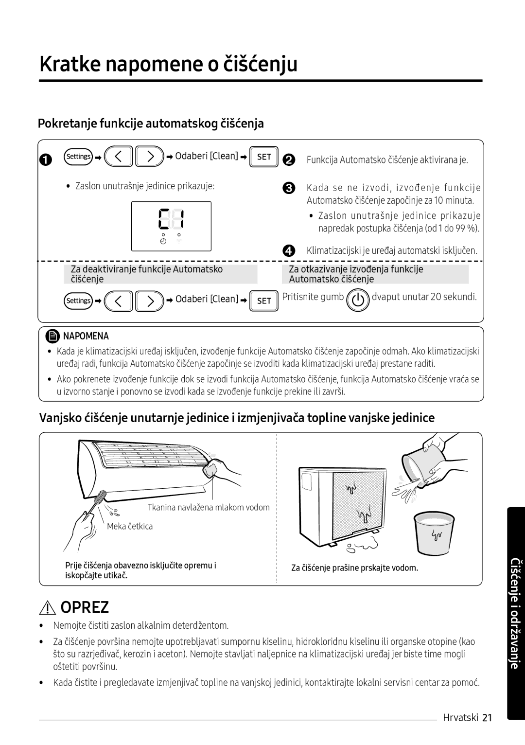 Samsung AR09NXWSAURNEU, AR12NXWSAURNEU manual Kratke napomene o čišćenju, Funkcija Automatsko čišćenje aktivirana je 