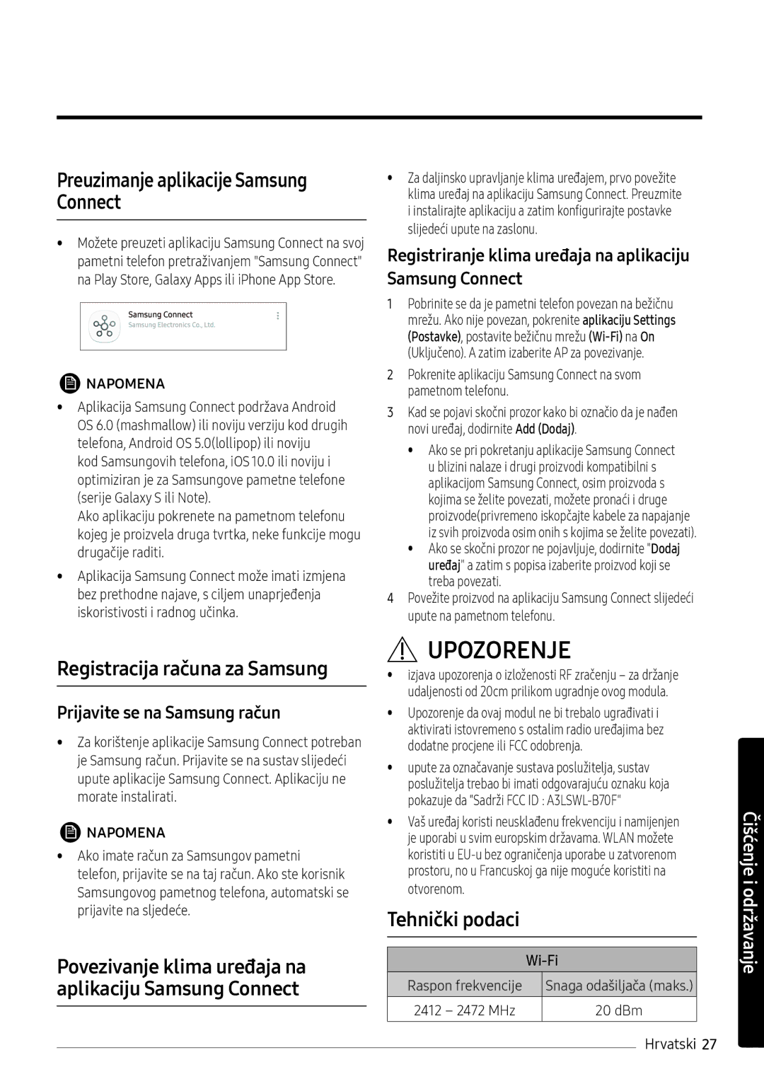 Samsung AR09NXWSAURNEU manual Preuzimanje aplikacije Samsung Connect, Registracija računa za Samsung, Tehnički podaci 