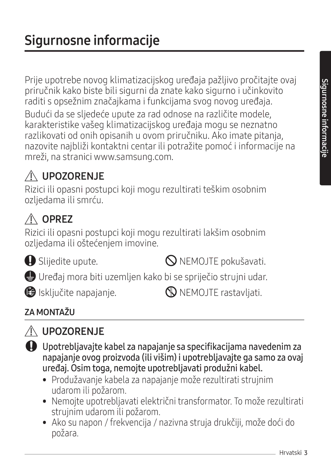 Samsung AR09NXWSAURNEU, AR12NXWSAURNEU manual Sigurnosne informacije, Oprez 