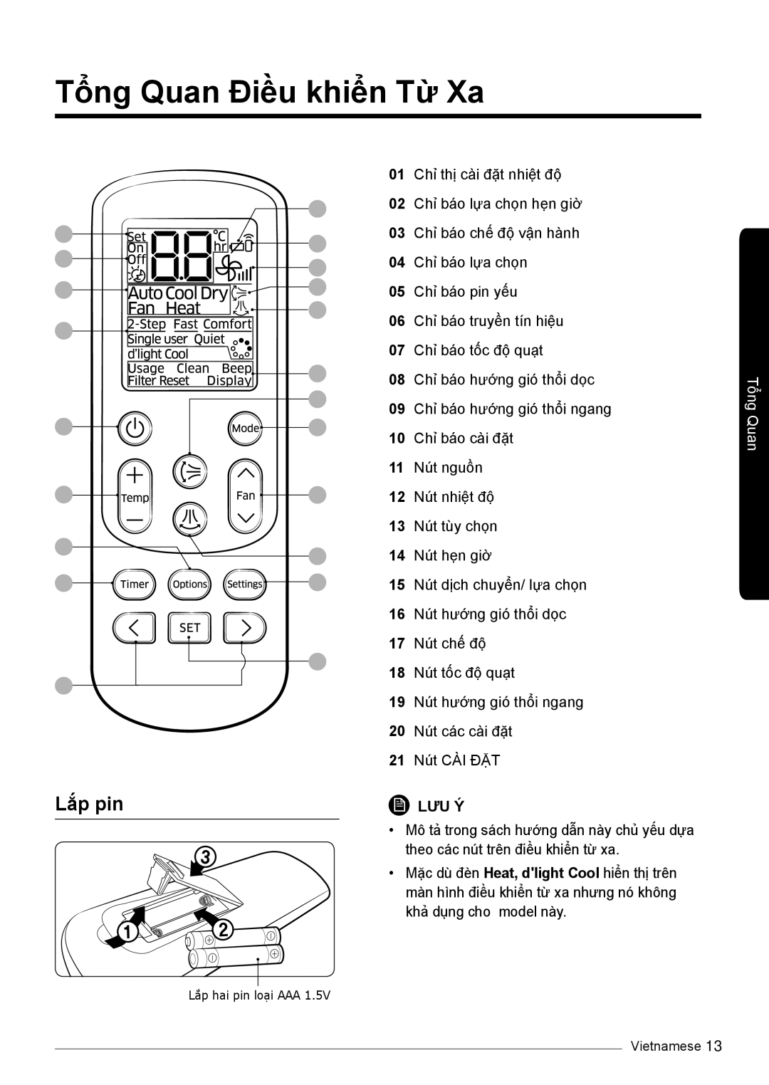 Samsung AR10KVSDNWKXSV, AR13KVSDNWKNSV, AR10KVSDNWKNSV, AR13KVSDNWKXSV manual Tổng Quan Điều khiển Từ Xa, Lắp pin 