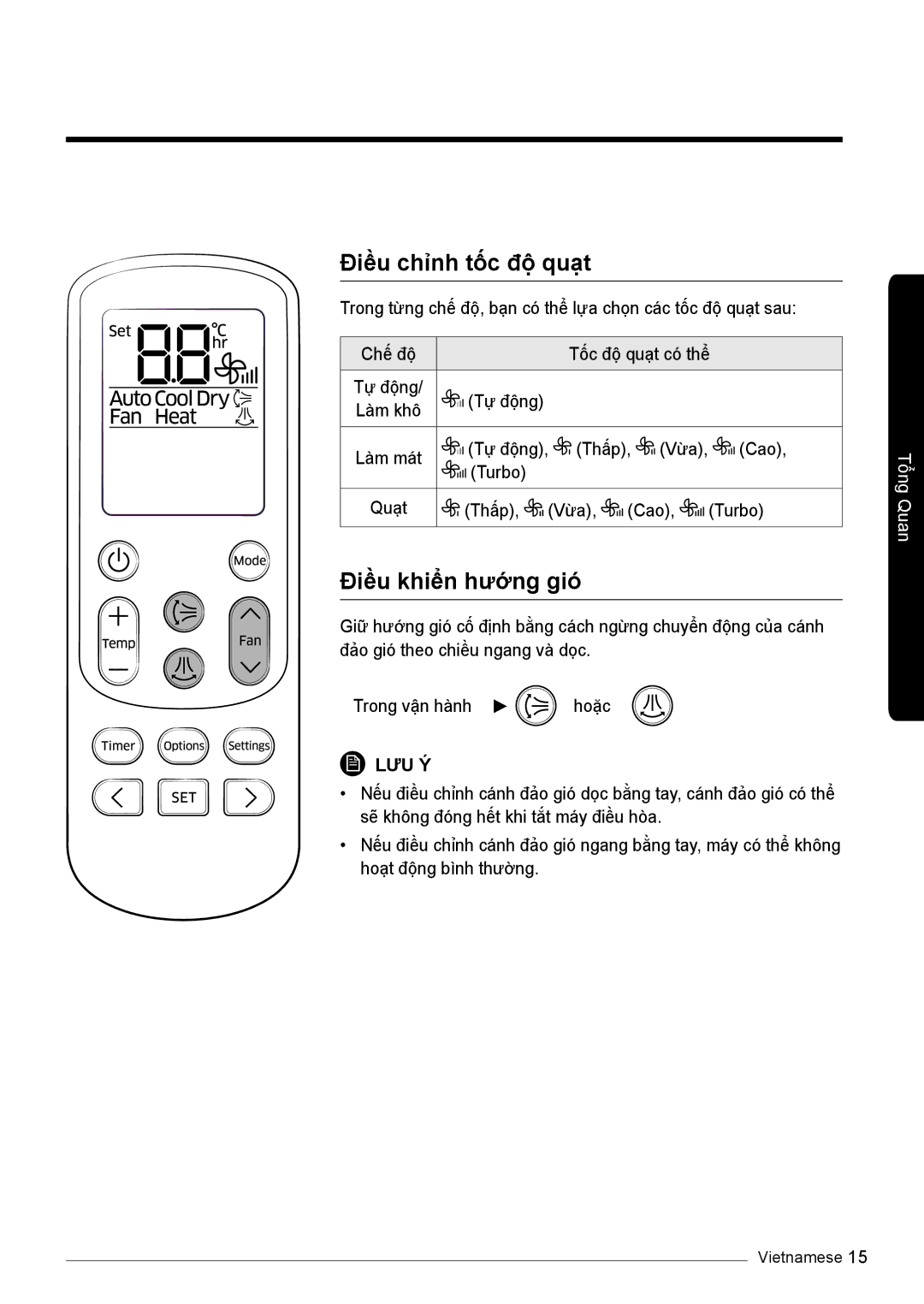 Samsung AR13KVSDNWKNSV, AR10KVSDNWKNSV, AR10KVSDNWKXSV, AR13KVSDNWKXSV manual Điều chỉnh tốc độ quạt, Điều khiển hướng gió 