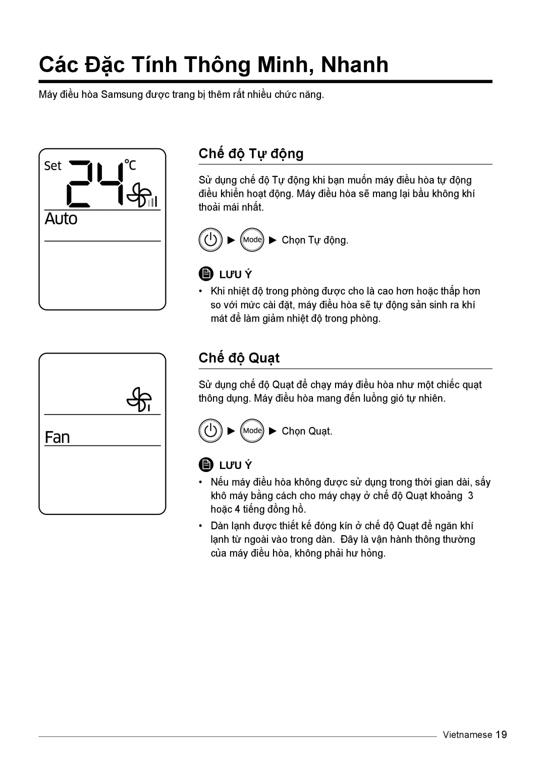 Samsung AR13KVSDNWKNSV, AR10KVSDNWKNSV, AR10KVSDNWKXSV manual Các Đặc Tính Thông Minh, Nhanh, Chế độ Tự động, Chế độ Quạt 
