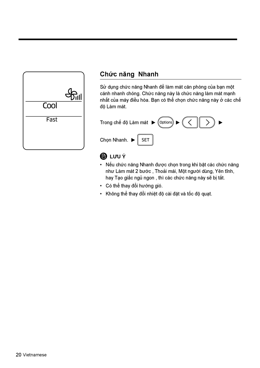 Samsung AR10KVSDNWKNSV, AR13KVSDNWKNSV, AR10KVSDNWKXSV, AR13KVSDNWKXSV manual Chức năng Nhanh 