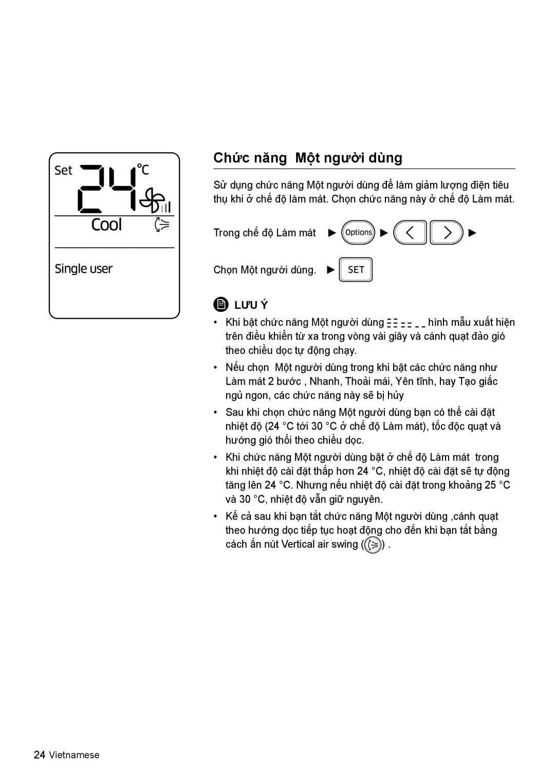 Samsung AR10KVSDNWKNSV, AR13KVSDNWKNSV, AR10KVSDNWKXSV, AR13KVSDNWKXSV manual Chức năng Một người dùng 