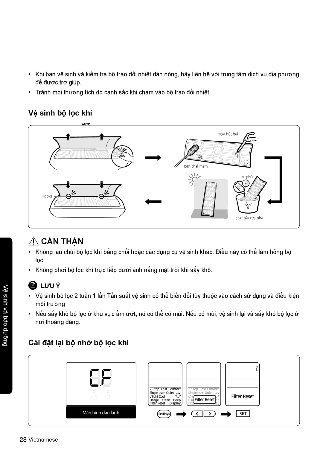 Samsung AR10KVSDNWKNSV, AR13KVSDNWKNSV, AR10KVSDNWKXSV, AR13KVSDNWKXSV manual Vệ sinh bộ lọc khí 