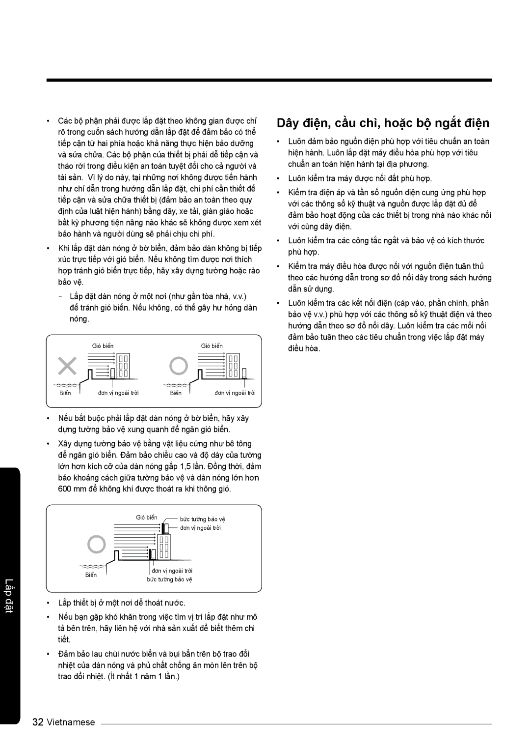 Samsung AR10KVSDNWKNSV, AR13KVSDNWKNSV, AR10KVSDNWKXSV, AR13KVSDNWKXSV manual Dây điện, cầu chì, hoặc bộ ngắt điện 