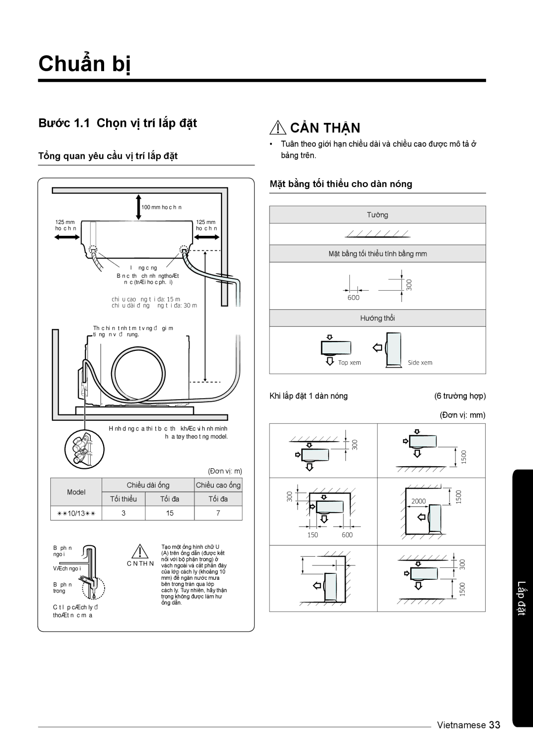 Samsung AR10KVSDNWKXSV, AR13KVSDNWKNSV, AR10KVSDNWKNSV, AR13KVSDNWKXSV manual Chuẩn bị, Bước 1.1 Chọn vị trí lắp đặt 