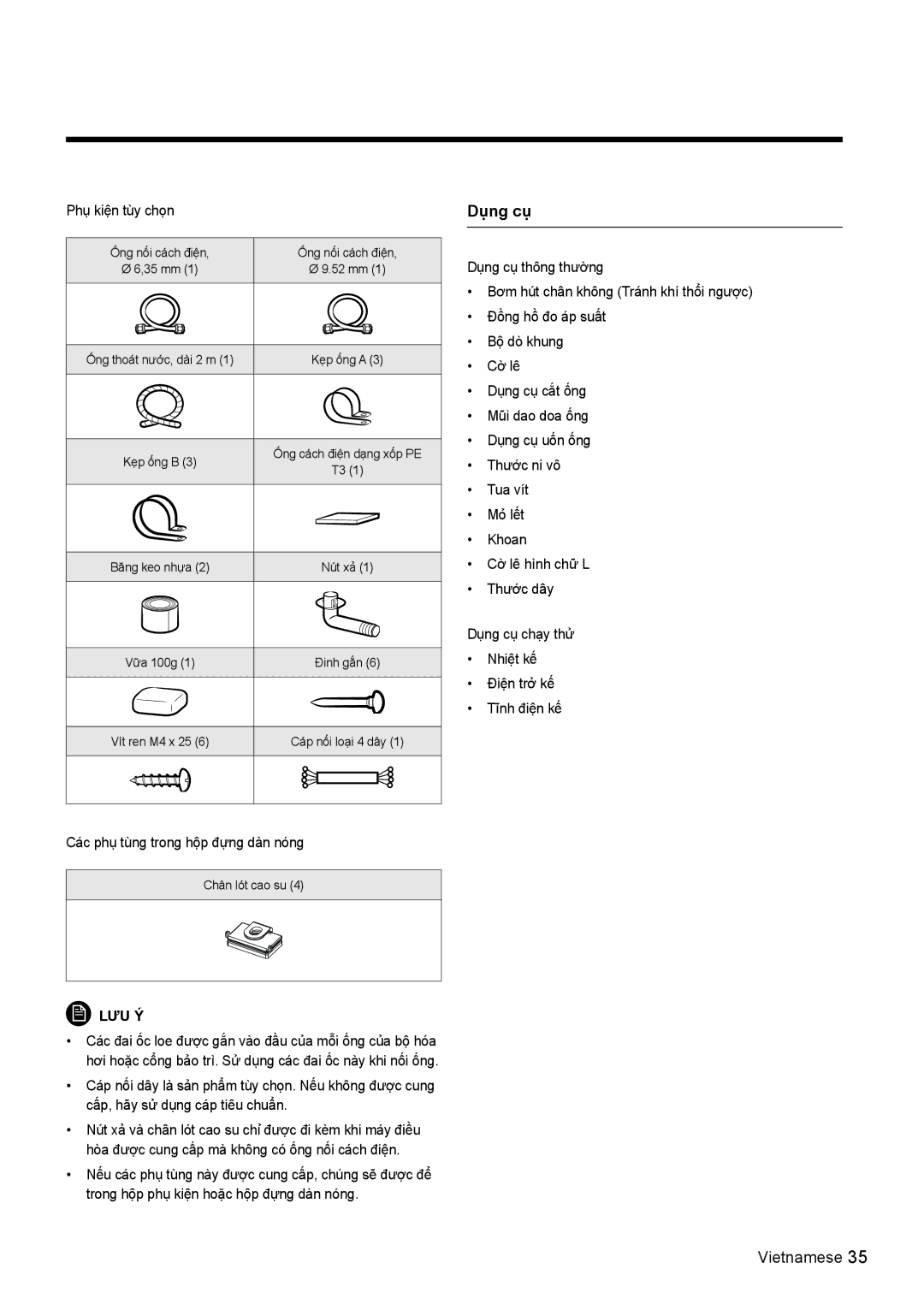 Samsung AR13KVSDNWKNSV, AR10KVSDNWKNSV, AR10KVSDNWKXSV, AR13KVSDNWKXSV manual Dụng cụ 