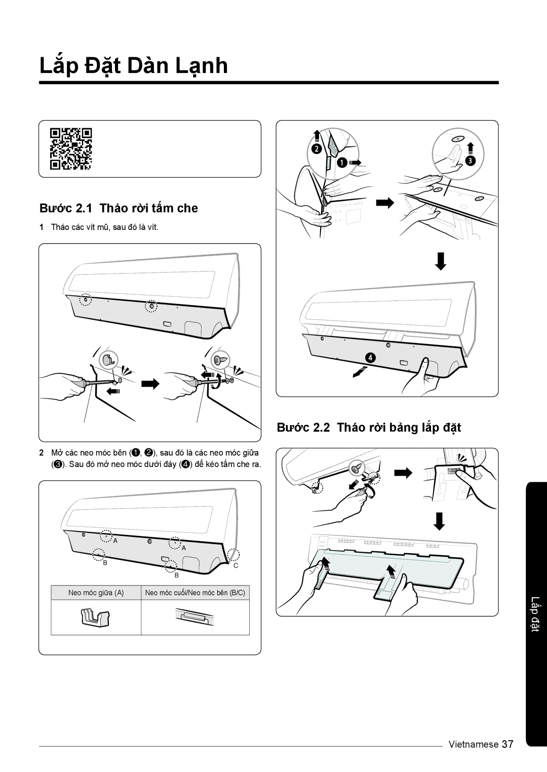 Samsung AR10KVSDNWKXSV, AR13KVSDNWKNSV manual Lắp Đặt Dàn Lạnh, Bước 2.1 Tháo rời tấm che, Bước 2.2 Tháo rời bảng lắp đặt 