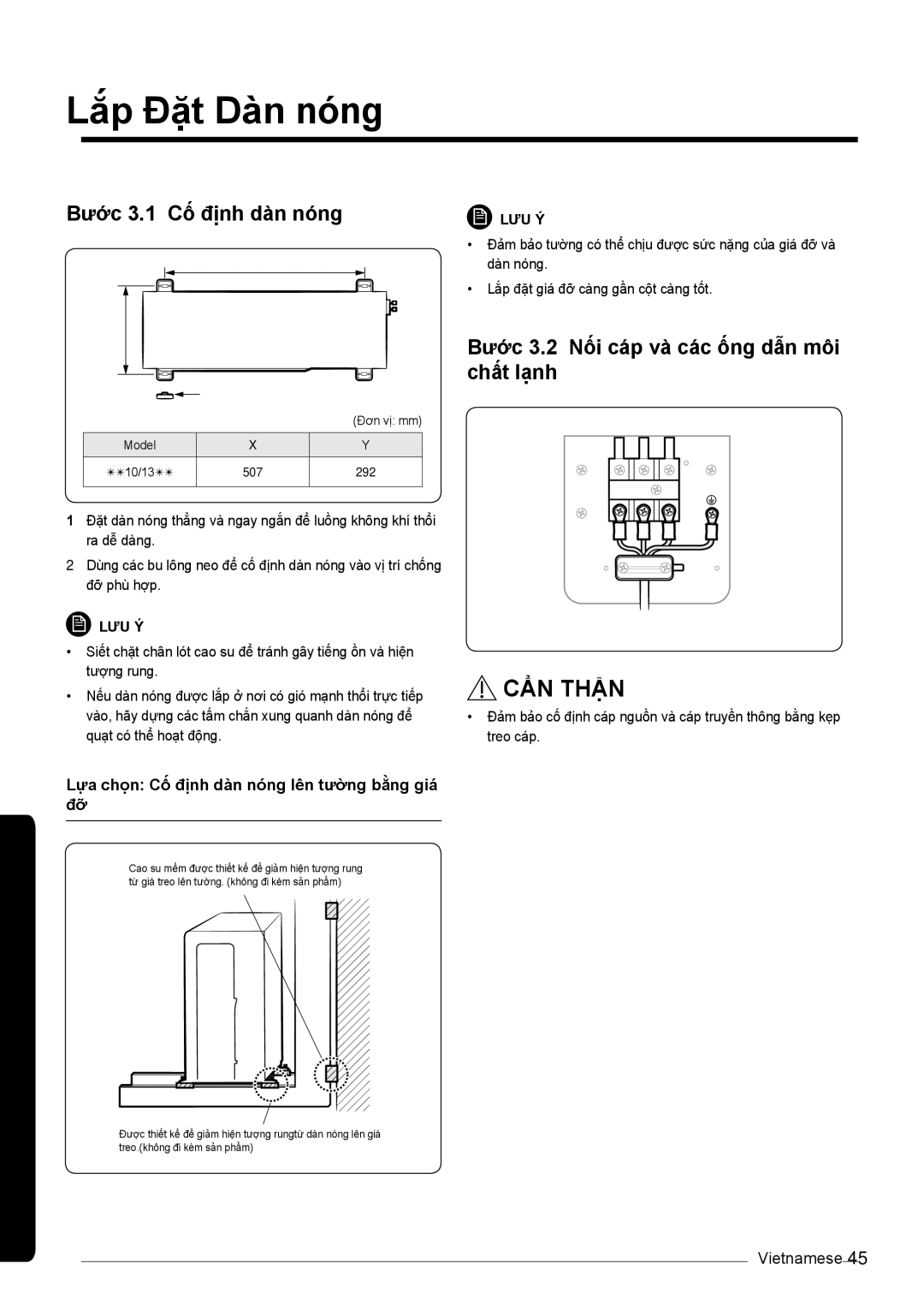 Samsung AR10KVSDNWKXSV manual Lắp Đặt Dàn nóng, Bước 3.1 Cố định dàn nóng, Bước 3.2 Nối cáp và các ống dẫn môi chất lạnh 