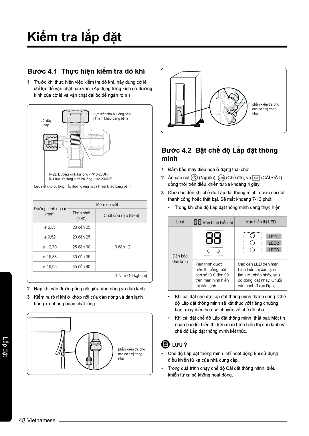 Samsung AR10KVSDNWKNSV manual Kiểm tra lắp đặt, Bước 4.1 Thực hiện kiểm tra dò khí, Bước 4.2 Bật chế độ Lắp đặt thông, Minh 