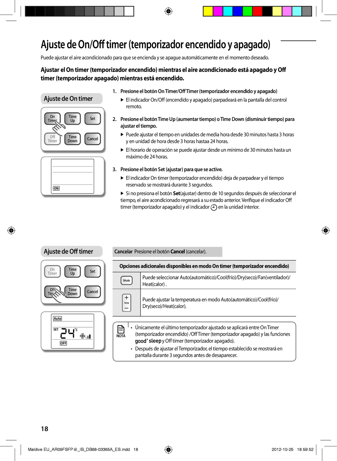 Samsung AR18FSFPESNNEU Ajuste de On/Off timer temporizador encendido y apagado, Cancelar Presione el botón Cancel cancelar 