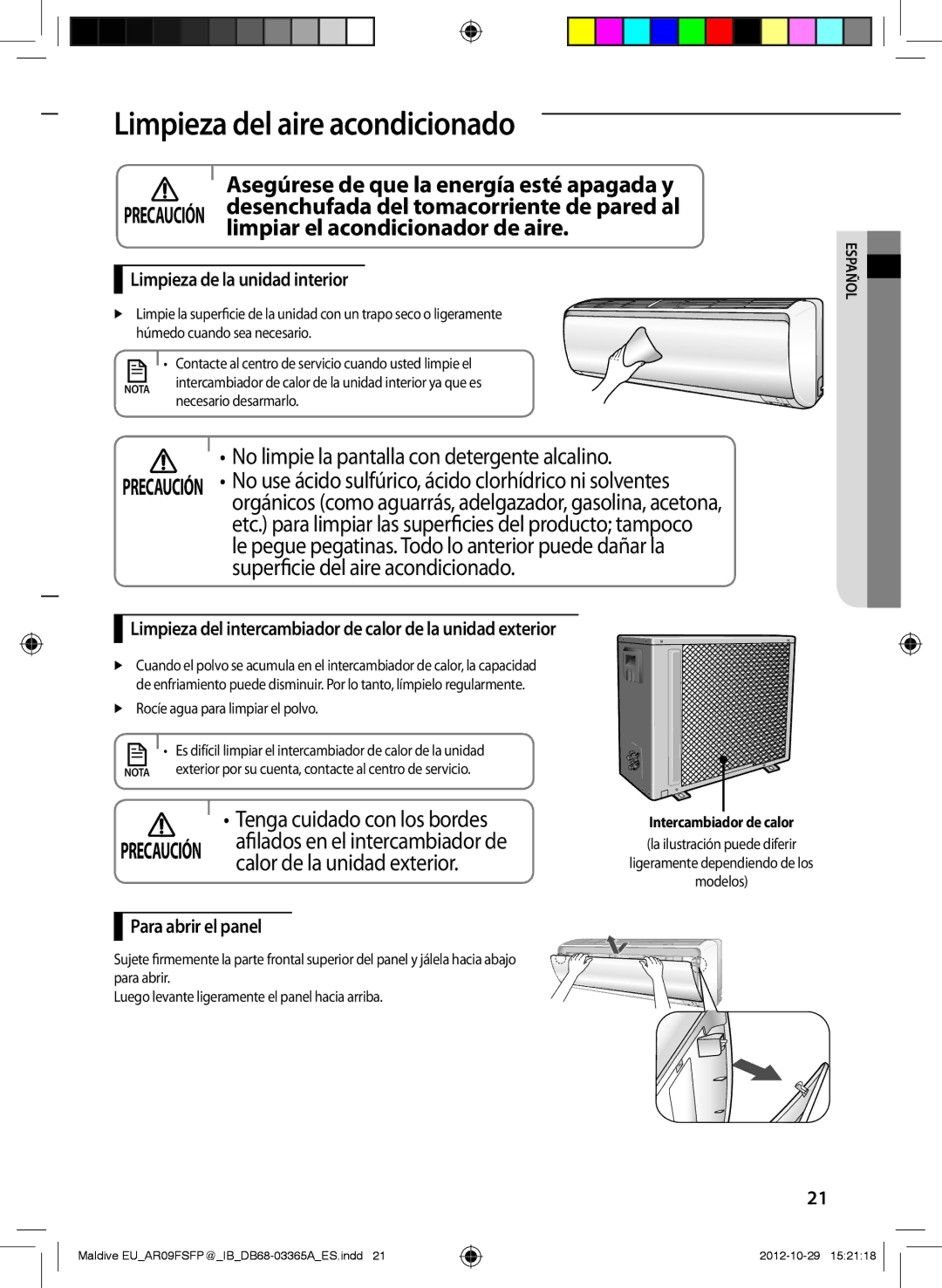 Samsung AR24FSFPDGMNEU Limpieza del aire acondicionado, Limpiar el acondicionador de aire, Calor de la unidad exterior 