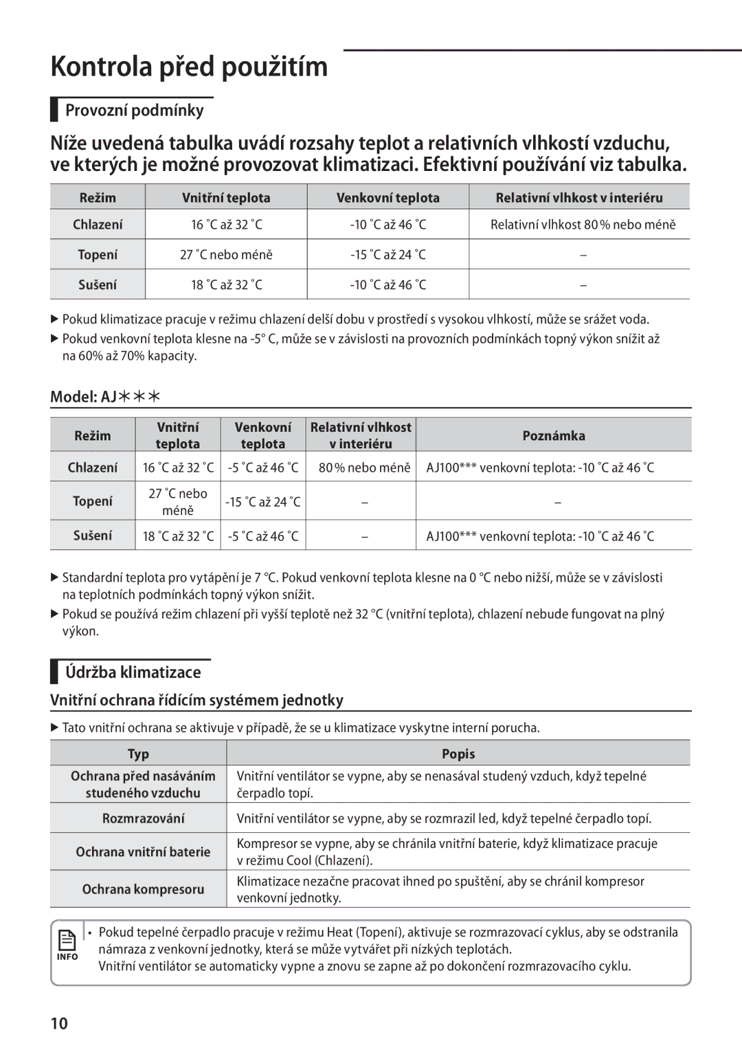 Samsung AR12FSFPESNNEU, AR18FSFPDGMNEU, AR24FSFPDGMNEU, AR18FSFPESNNEU manual Kontrola před použitím, Model AJ½½½ 