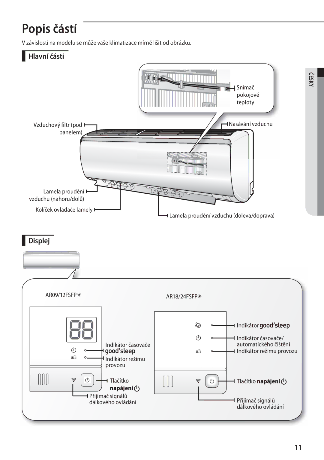 Samsung AR18FSFPESNNEU, AR18FSFPDGMNEU, AR24FSFPDGMNEU, AR12FSFPESNNEU manual Popis částí, Hlavní části, Displej, Napájení 