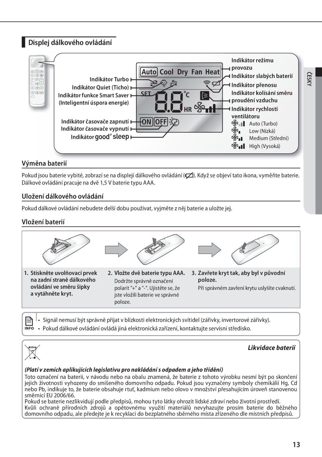 Samsung AR24FSFPDGMNEU manual Displej dálkového ovládání, Výměna baterií, Uložení dálkového ovládání, Vložení baterií 