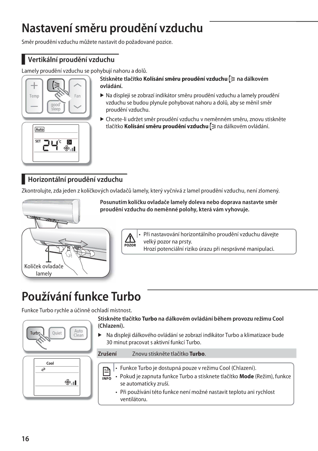 Samsung AR18FSFPDGMNEU manual Nastavení směru proudění vzduchu, Používání funkce Turbo, Vertikální proudění vzduchu 