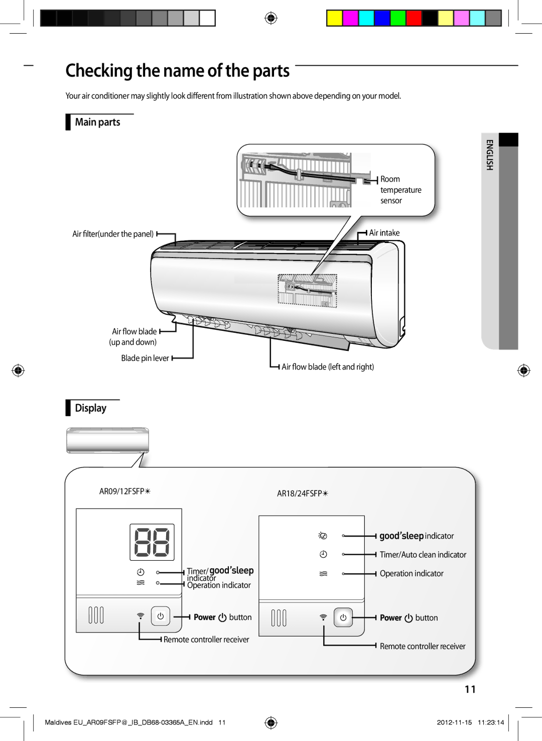 Samsung AR09FSFPESNNEU, AR18FSFPDGMNEU, AR24FSFPDGMNEU manual Checking the name of the parts, Main parts, Display, Power 