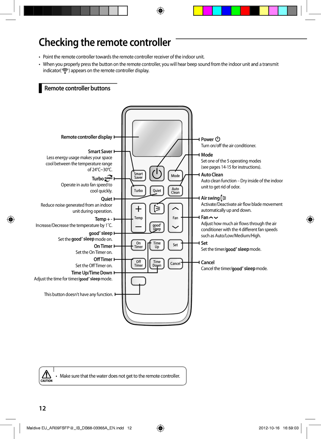 Samsung AR18FSFPDGMNEU, AR24FSFPDGMNEU, AR12FSFPESNNEU manual Checking the remote controller, Remote controller buttons 