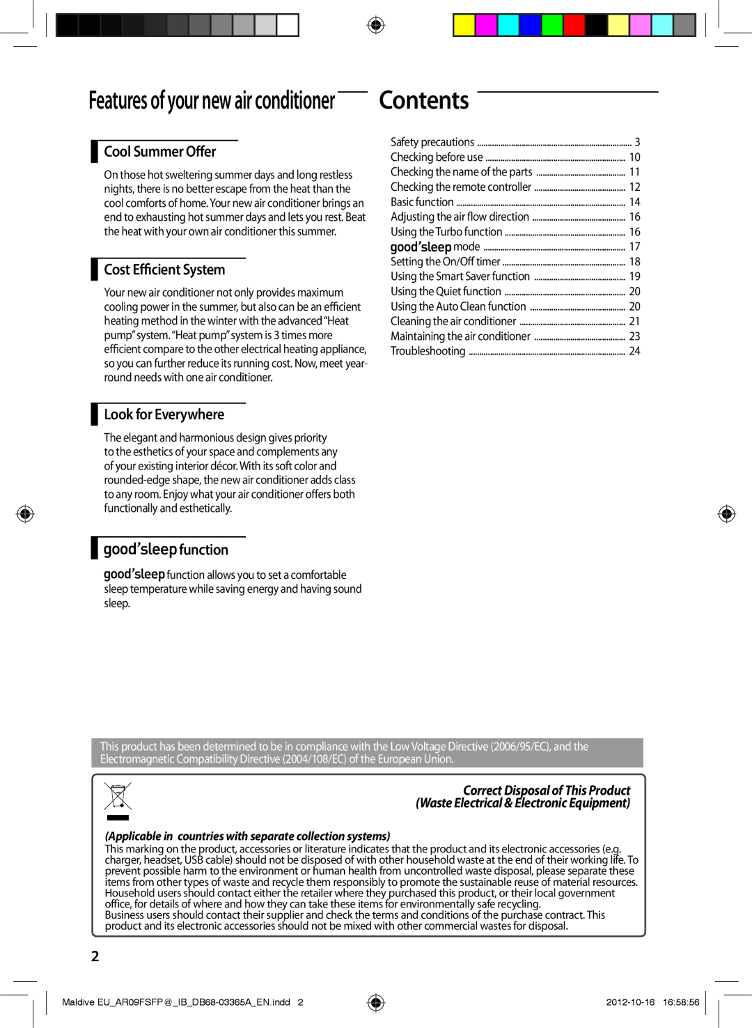 Samsung AR12FSFPESNNEU, AR18FSFPDGMNEU, AR24FSFPDGMNEU, AR24FSFPESNNEU, AR18FSFPESNNEU, AR09FSFPESNNEU manual Contents 