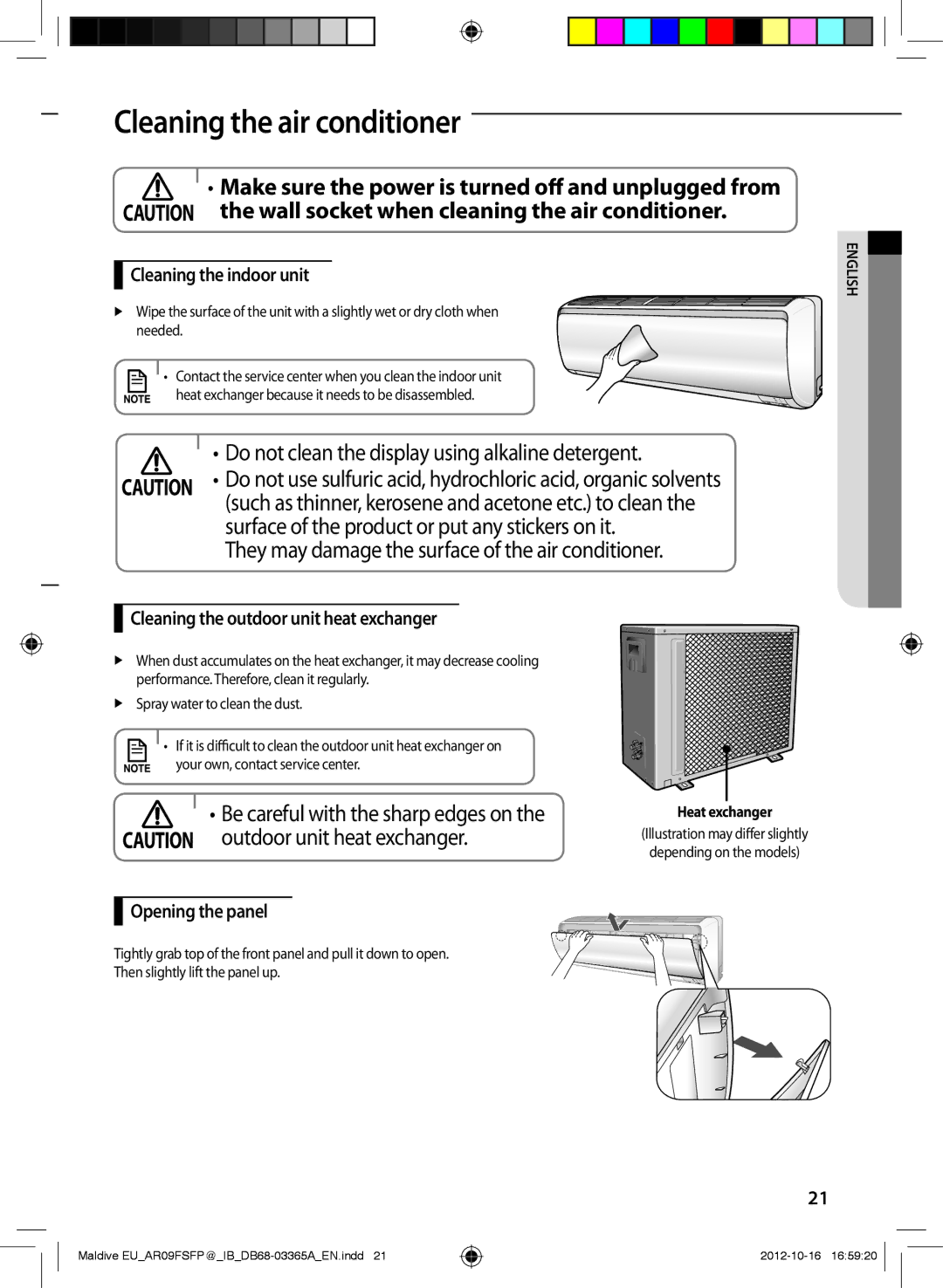 Samsung AR24FSFPESNNEU, AR18FSFPDGMNEU Cleaning the air conditioner, Make sure the power is turned off and unplugged from 