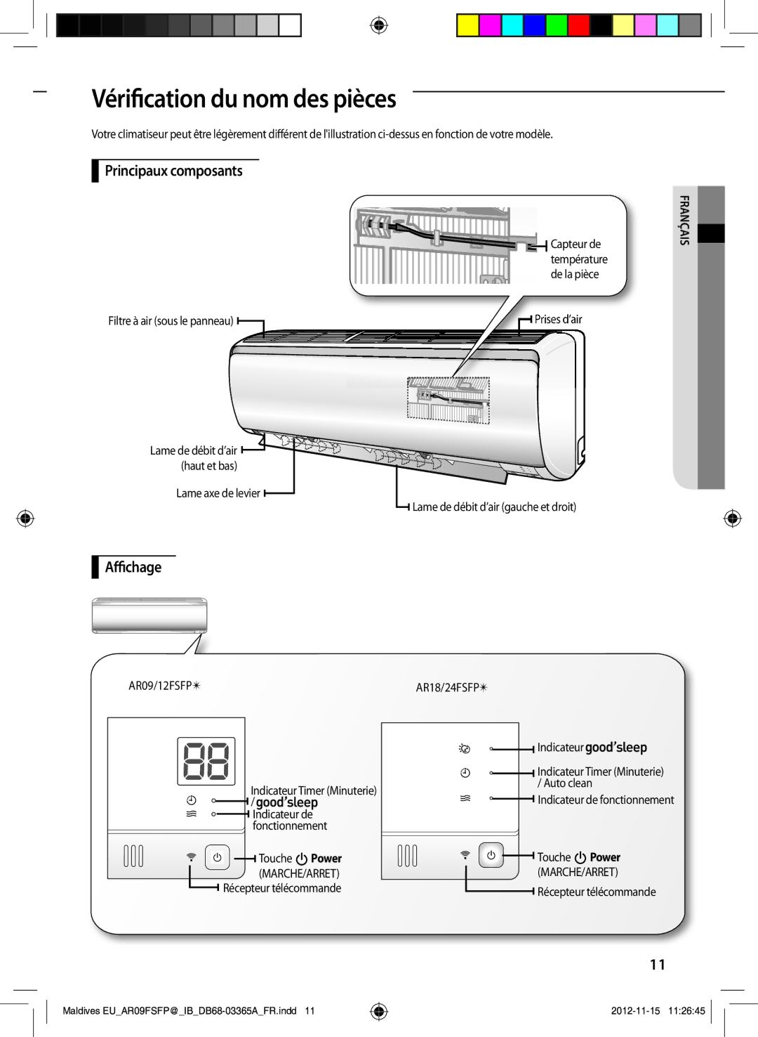 Samsung AR24FSFPDGMNEU, AR18FSFPDGMNEU manual Vérication du nom des pièces, Principaux composants, Achage 