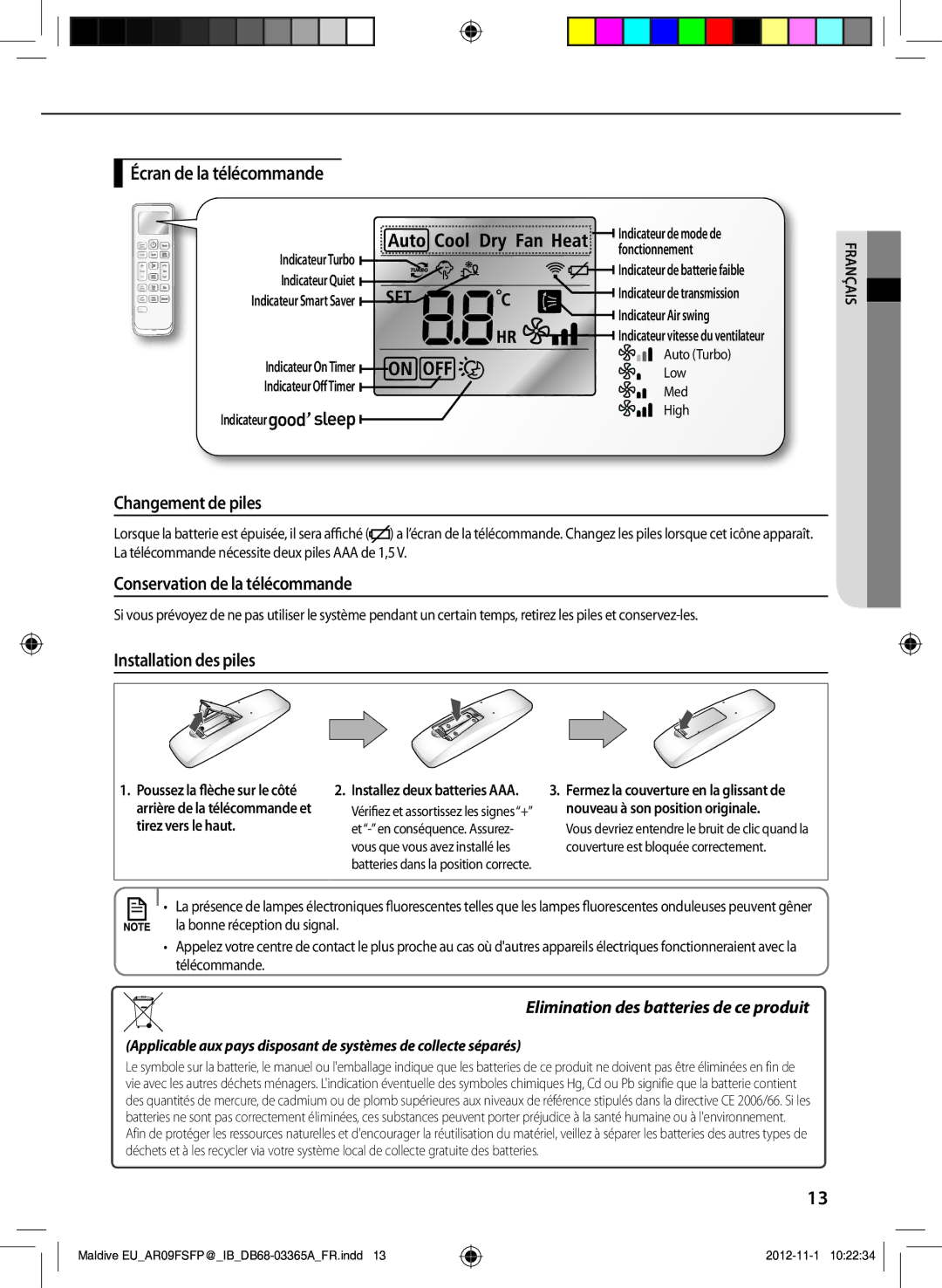 Samsung AR24FSFPDGMNEU, AR18FSFPDGMNEU manual Écran de la télécommande, Changement de piles, Conservation de la télécommande 